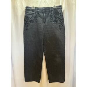 INC Denim High Rise Straight Jeans – Size 14 – Black Floral Embroidered
